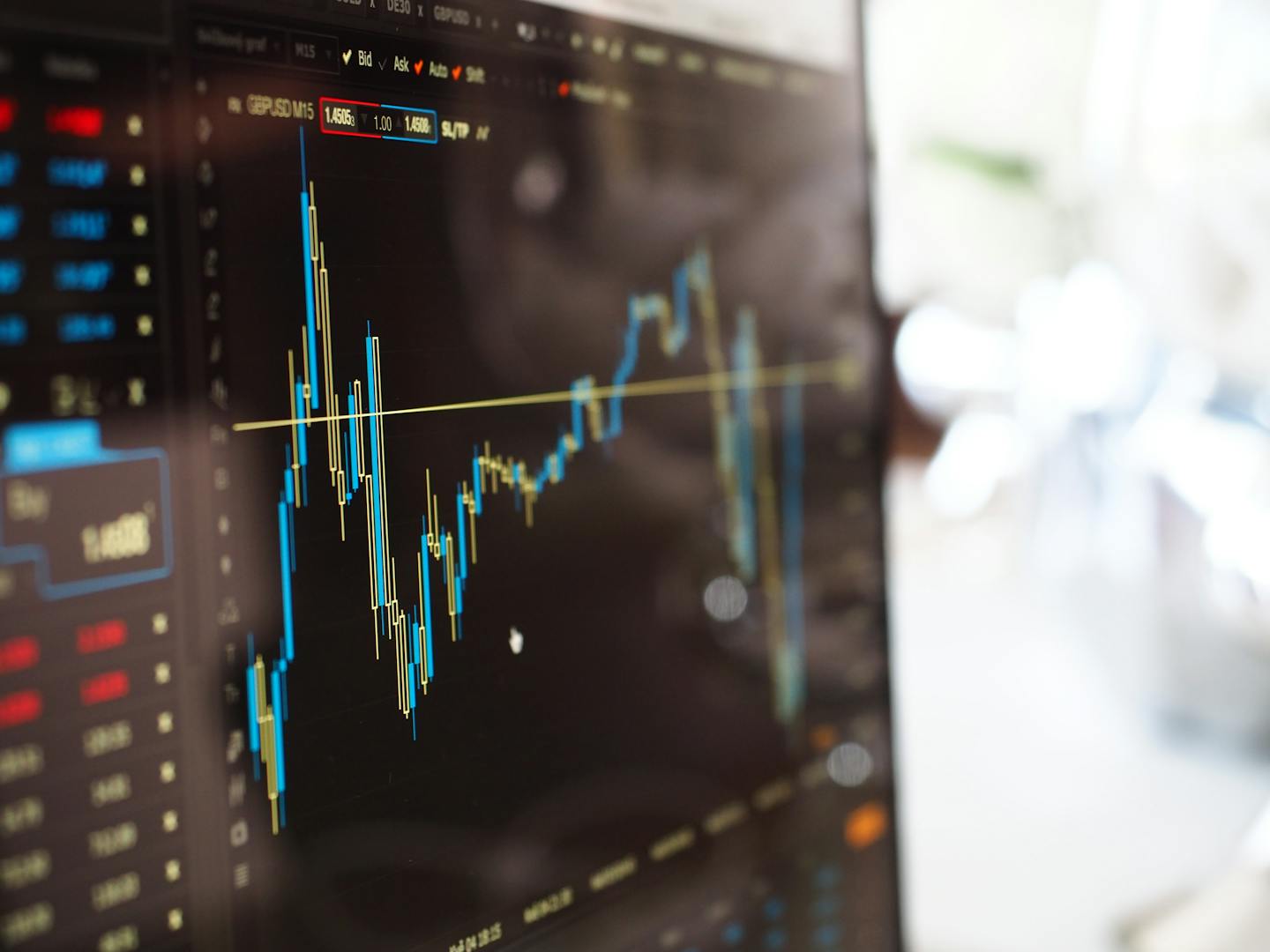 Financial market data and stock charts on a display